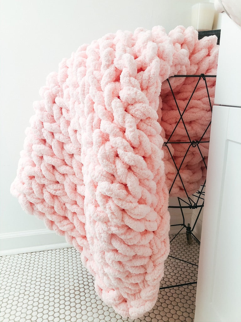 Chunky Blanket Dusky Pink Knitted Throw Hand Knit Pale Pink Chunky