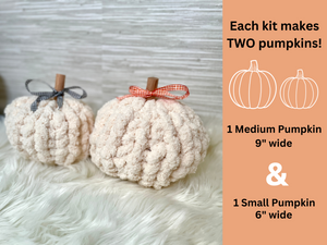 Creamchunky knit pumpkins, each kit makes 2 pumpkins. 1 Medium pumpkin  9" wide and 1 small pumpkin 6" wide