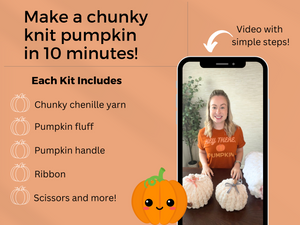 Each DIY Pumpkin Kit comes with a video, chenille yarn, pumpkin fluff, handle, ribbon, scissors and more