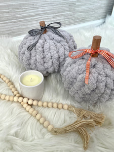 Light Gray chunky knit pumpkins with candle and decorative beads